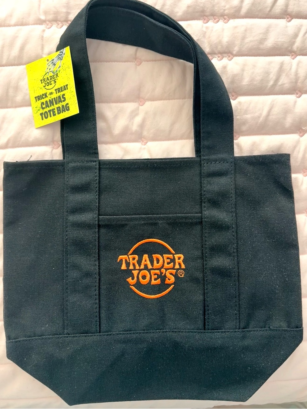 Trader Joe’s mini Black Canvas Tote Bag with Orange Logo Halloween collection